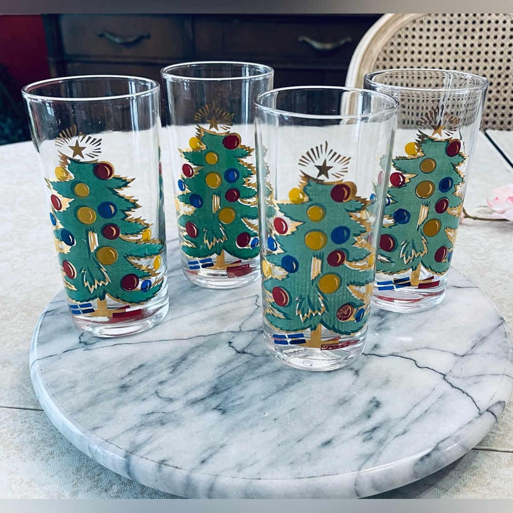 MCM Culver Jeweled Christmas Tree Highball Glasses w 22K Gold Star, Set of 4